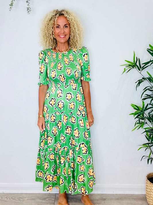 Smocked Flower Print Dress - Size 10