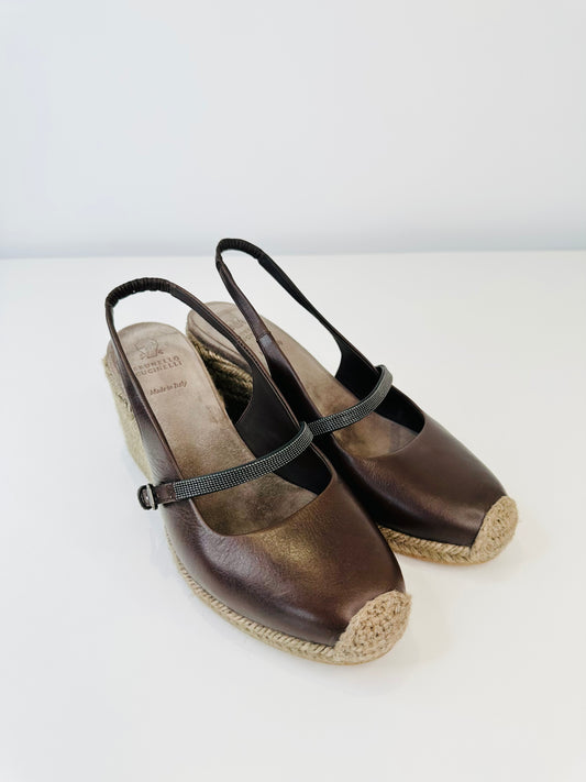 Leather Espadrille Wedge Sandals - Size 40