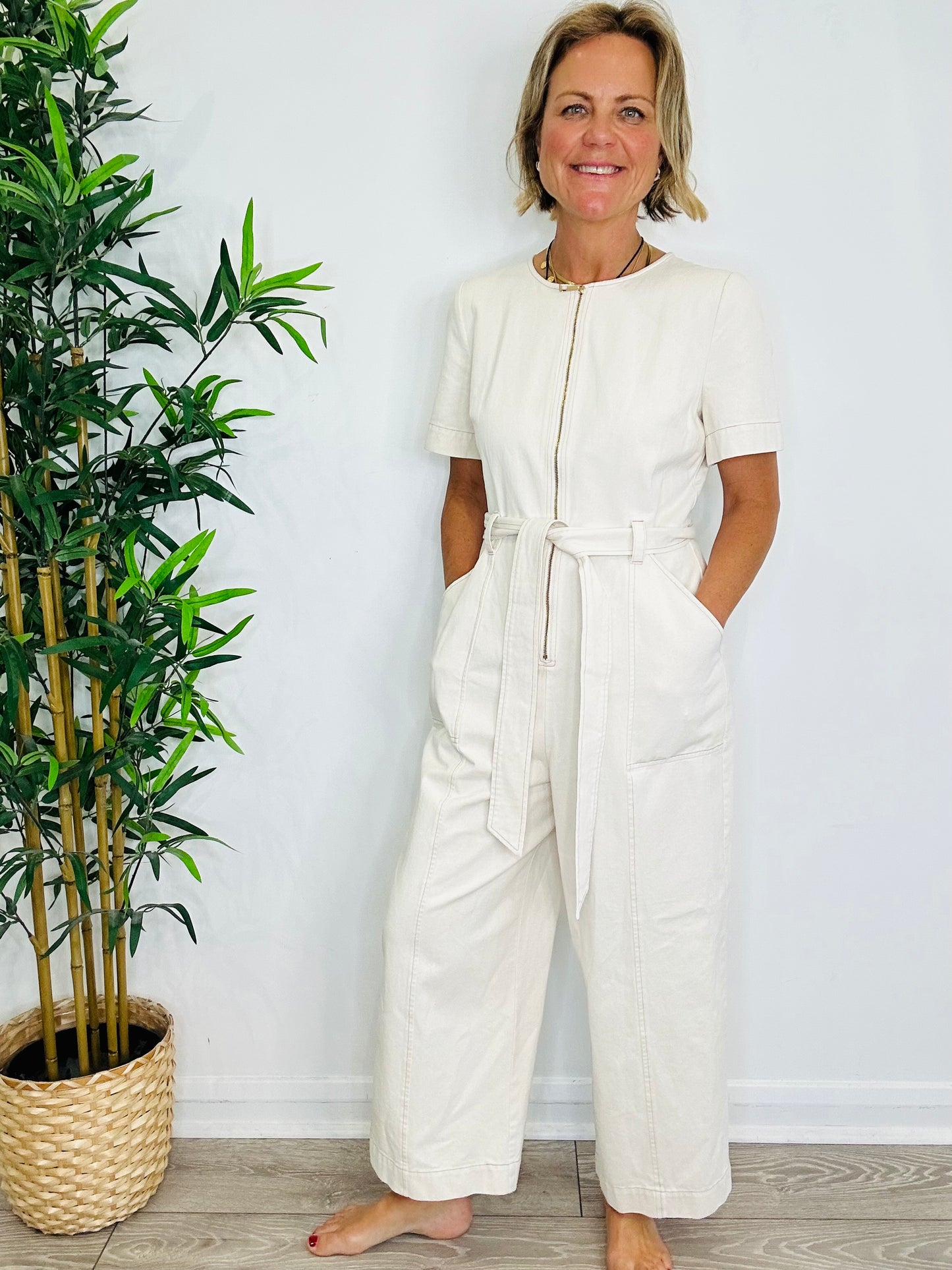 Cream Denim Jumpsuit - Size 12