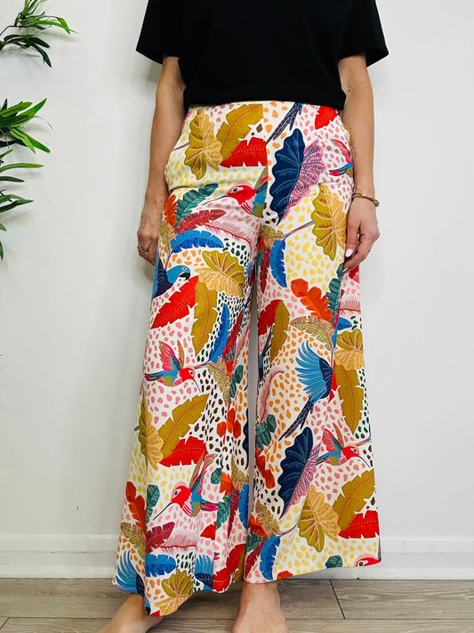 Bird Print Wide Leg Trousers - Size M