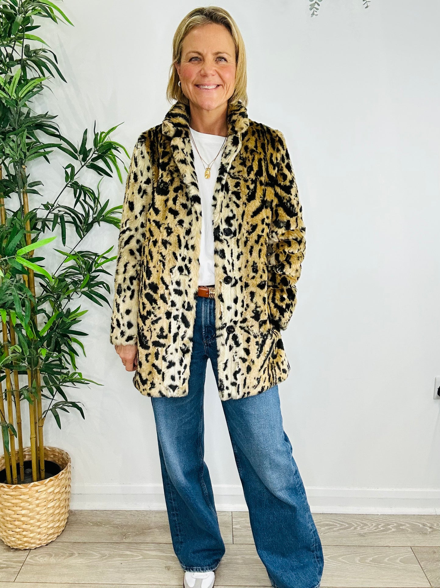 Leopard Print Faux Fur Coat - Size S