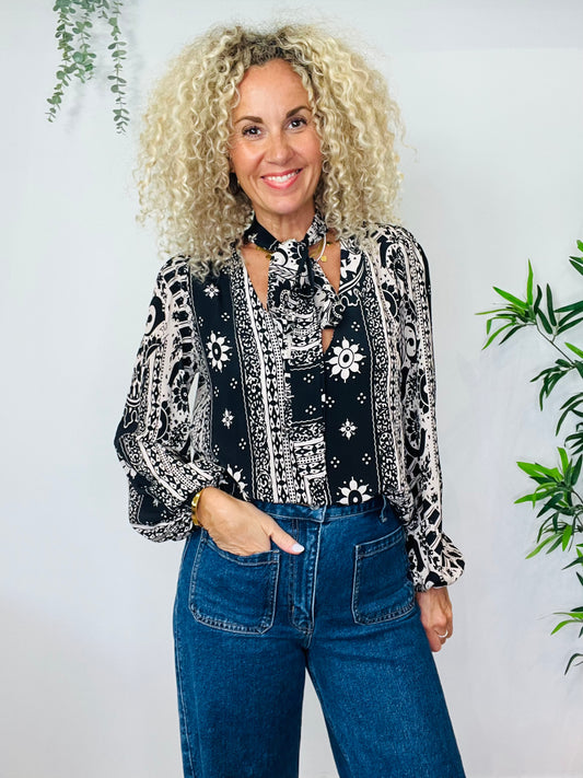 Patterned Silk Blouse - Size L