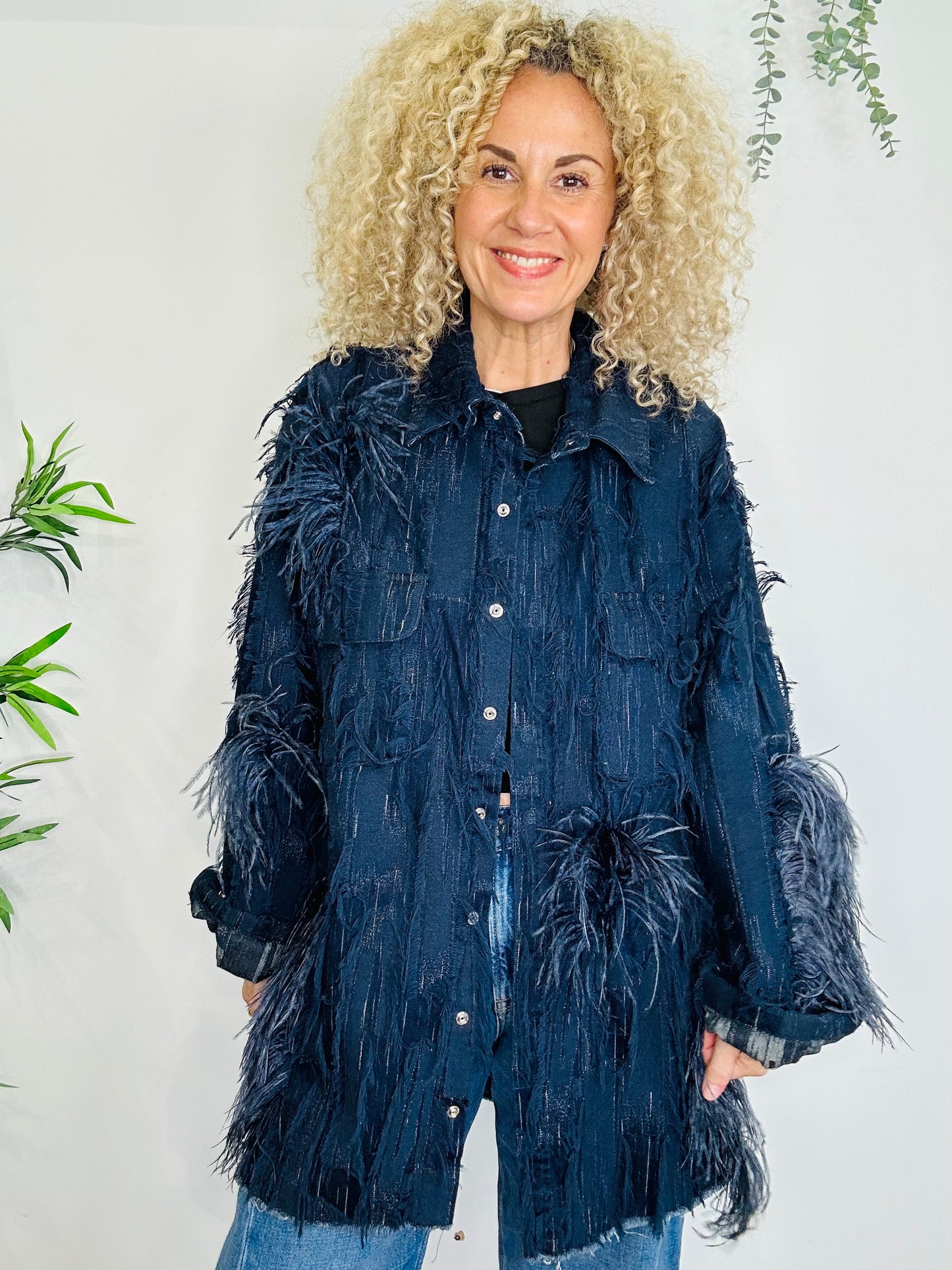 Feather Trim Denim Jacket - Size 8