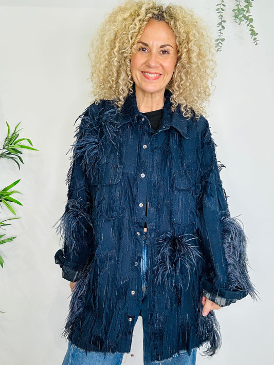 Feather Trim Denim Jacket - Size 8