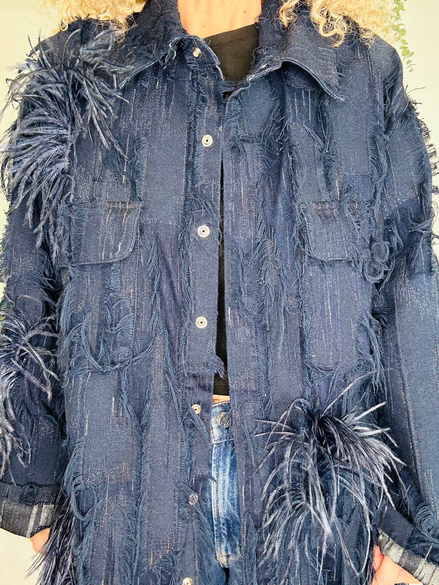 Feather Trim Denim Jacket - Size 8