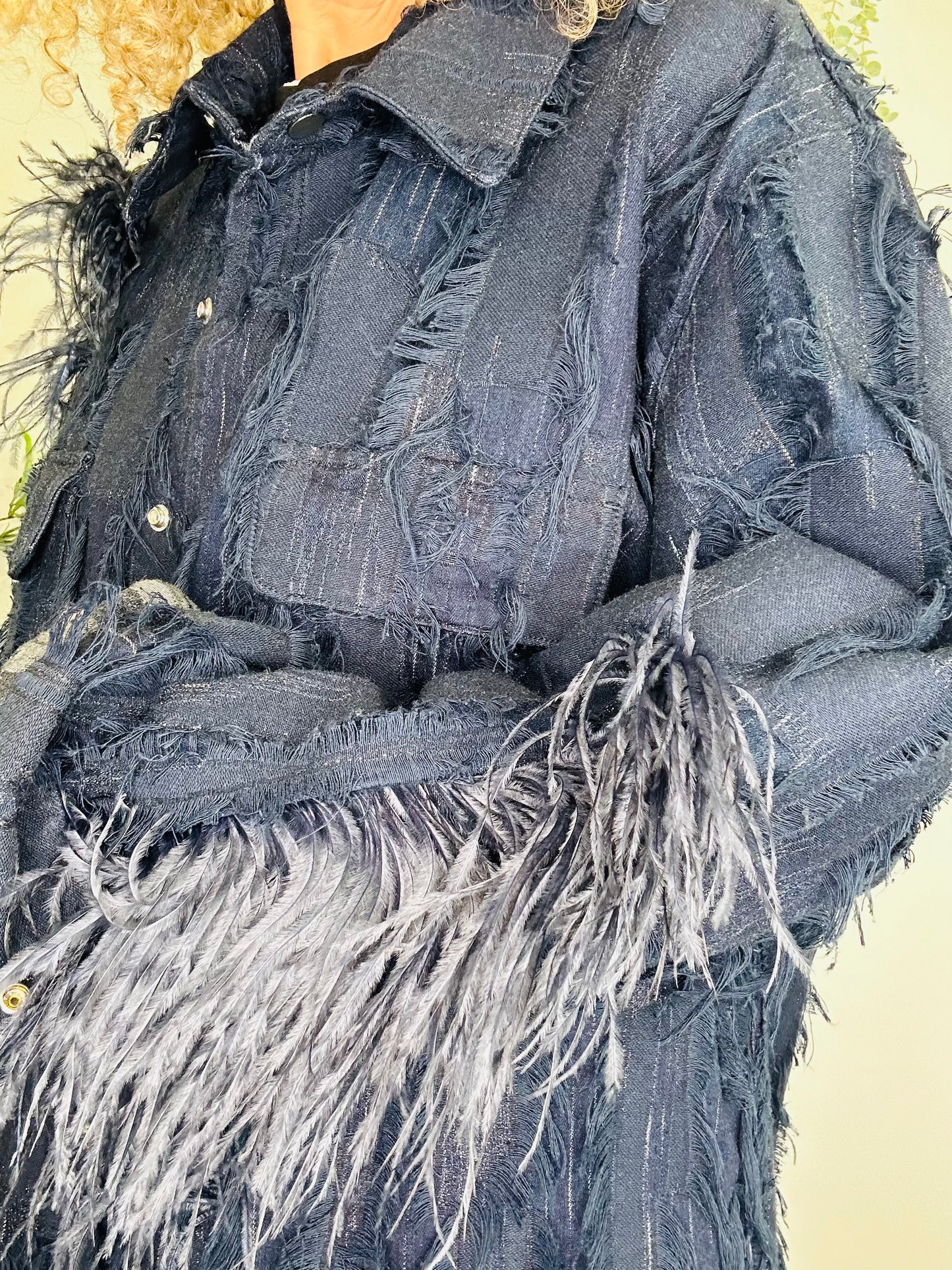 Feather Trim Denim Jacket - Size 8