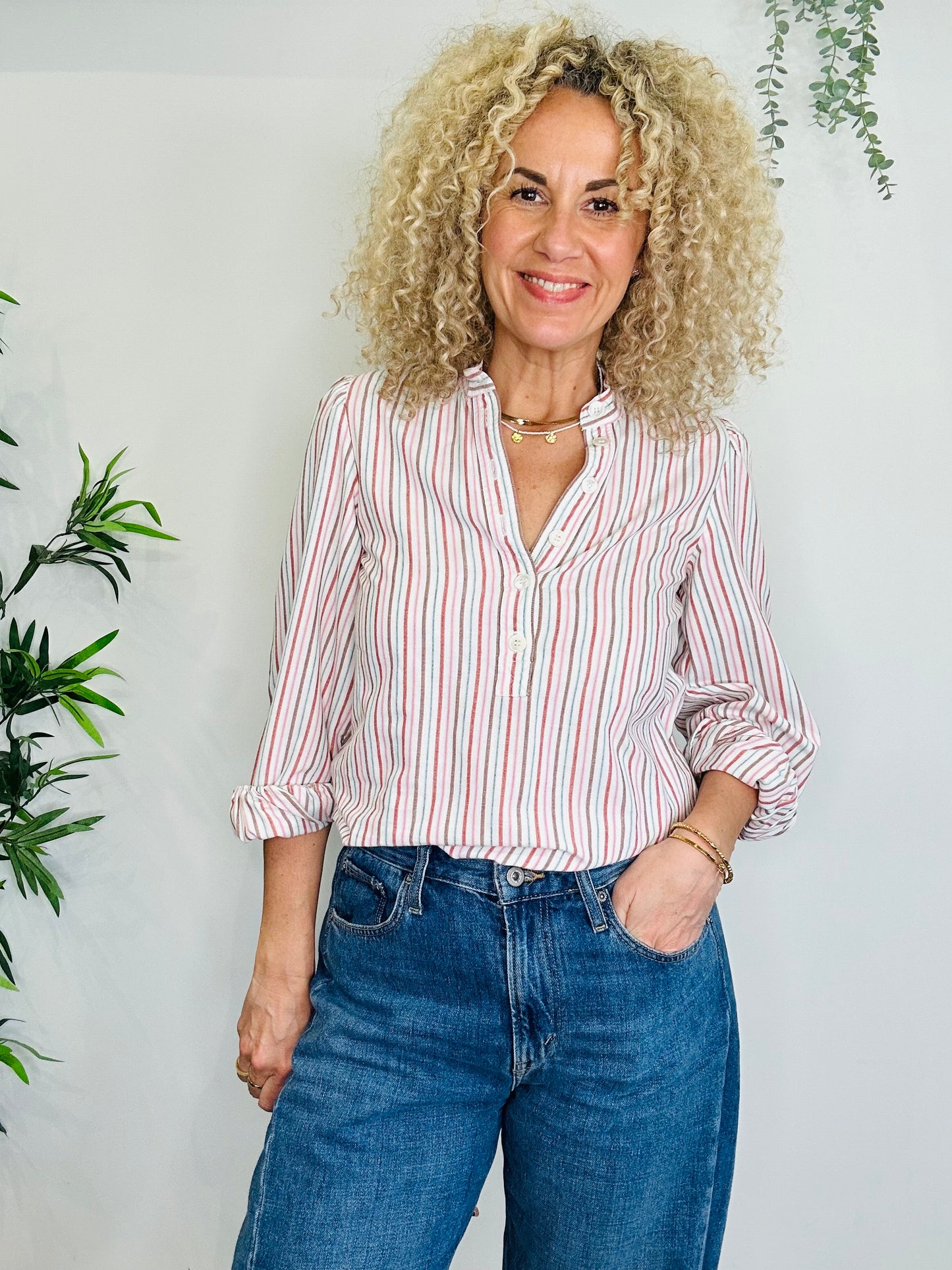 Striped Cotton Blouse  - Size 34