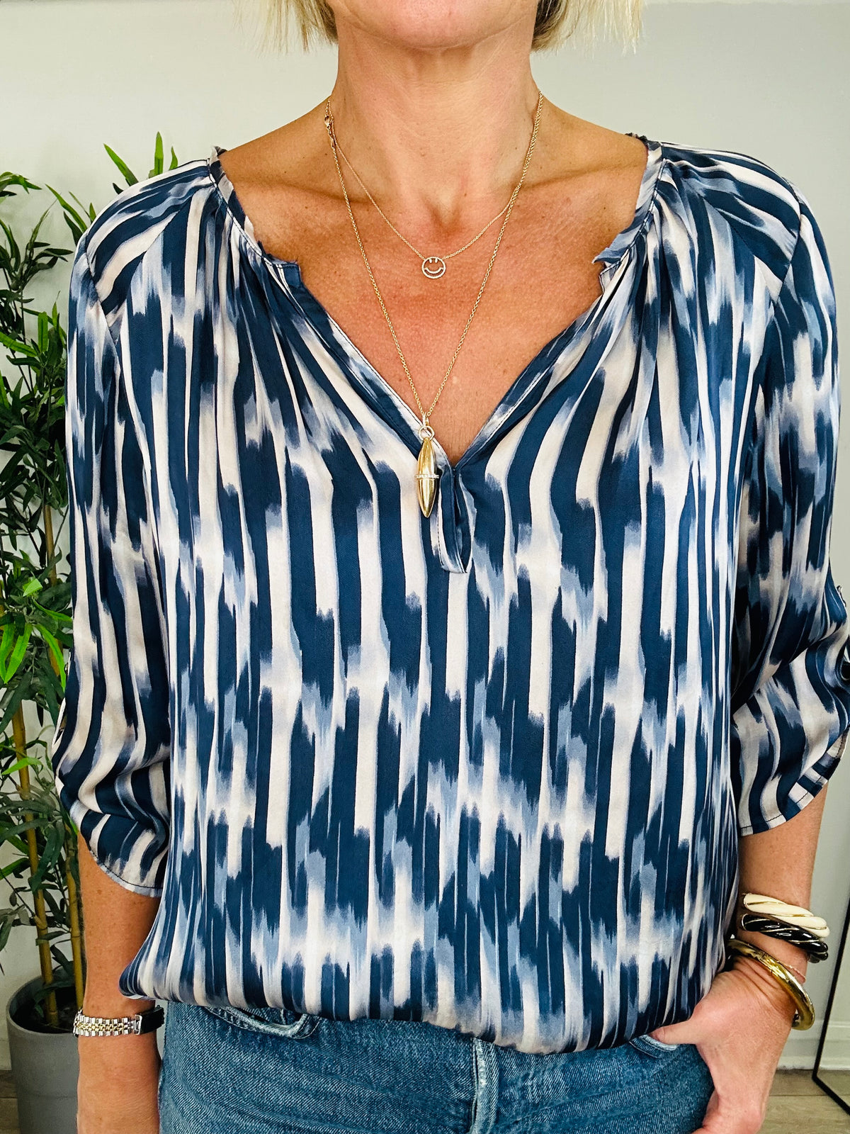 Patterned Silk Blouse - Size M