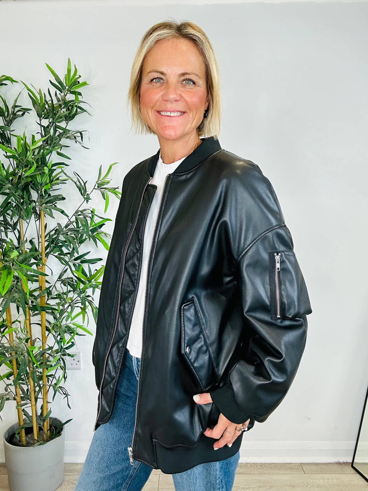 Faux Leather Bomber Jacket - Size 0