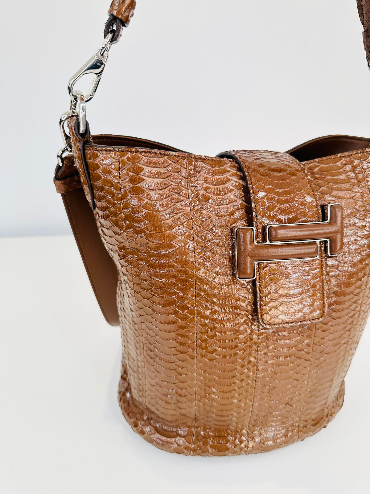 Snakeskin Embossed Leather Double T Bucket Bag