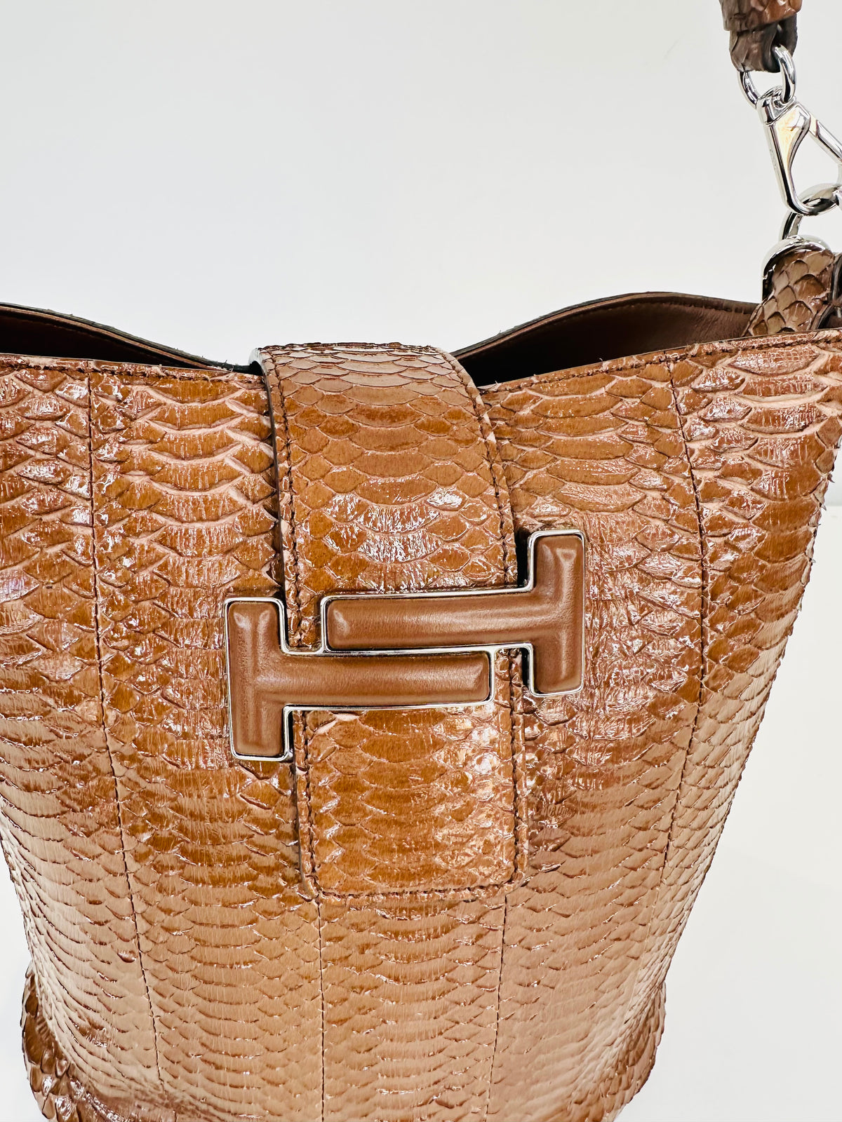 Snakeskin Embossed Leather Double T Bucket Bag