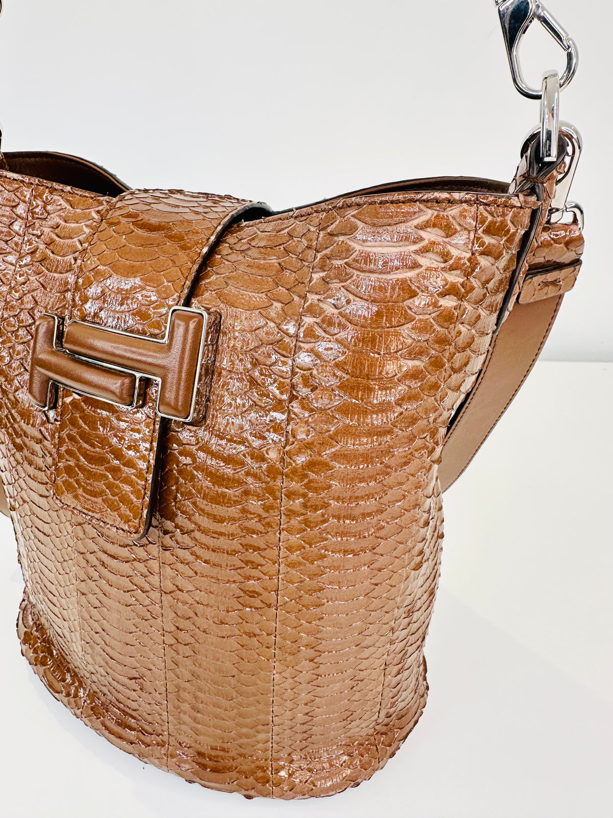 Snakeskin Embossed Leather Double T Bucket Bag