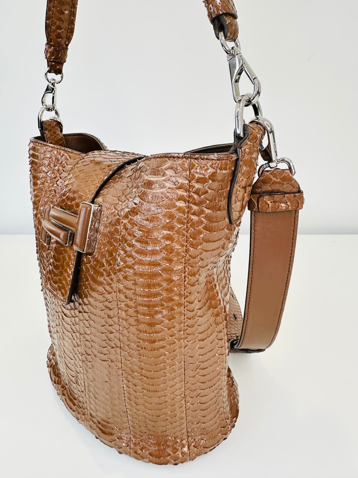 Snakeskin Embossed Leather Double T Bucket Bag