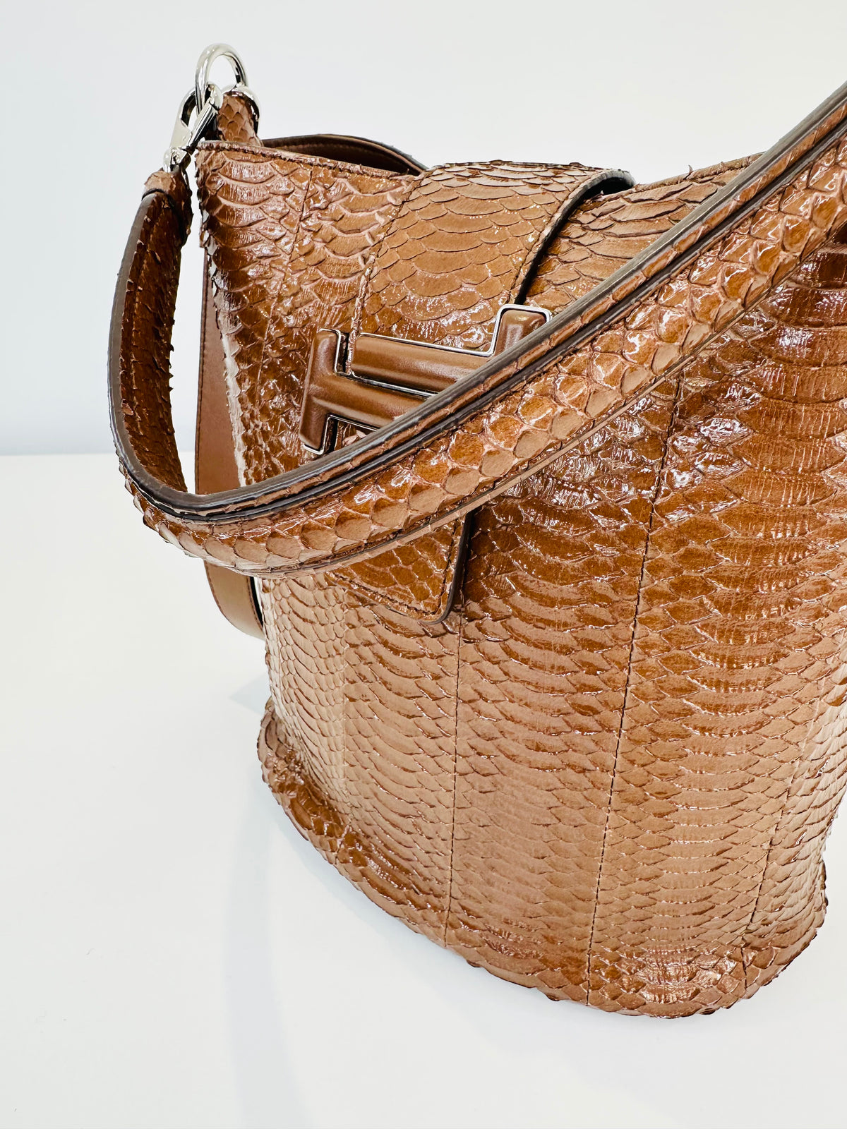 Snakeskin Embossed Leather Double T Bucket Bag