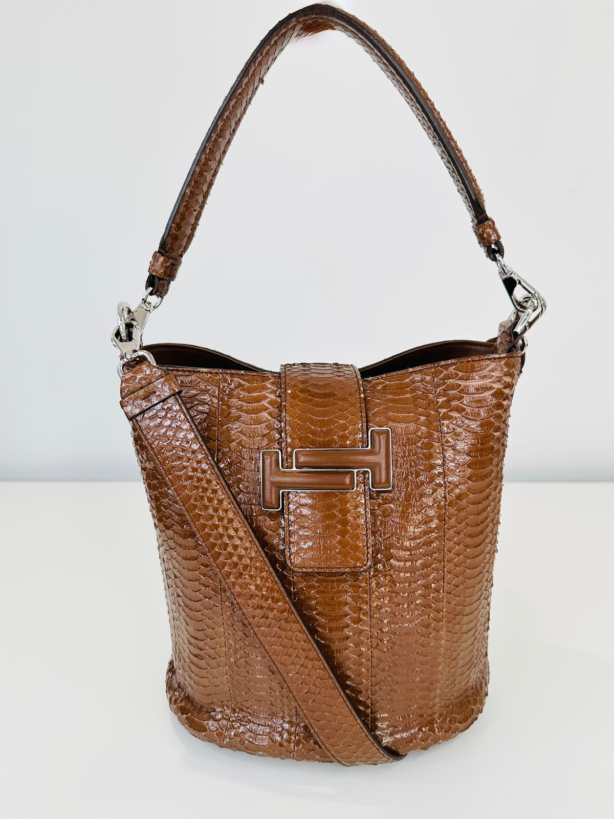 Snakeskin Embossed Leather Double T Bucket Bag