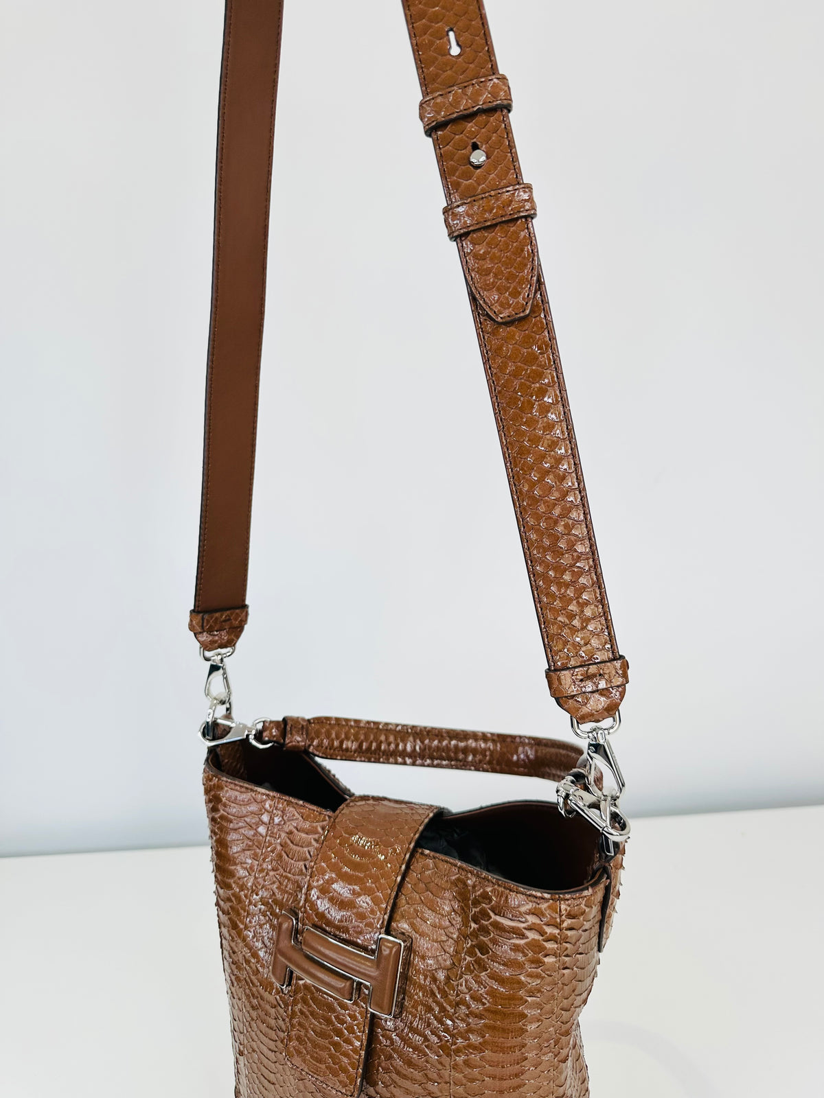 Snakeskin Embossed Leather Double T Bucket Bag