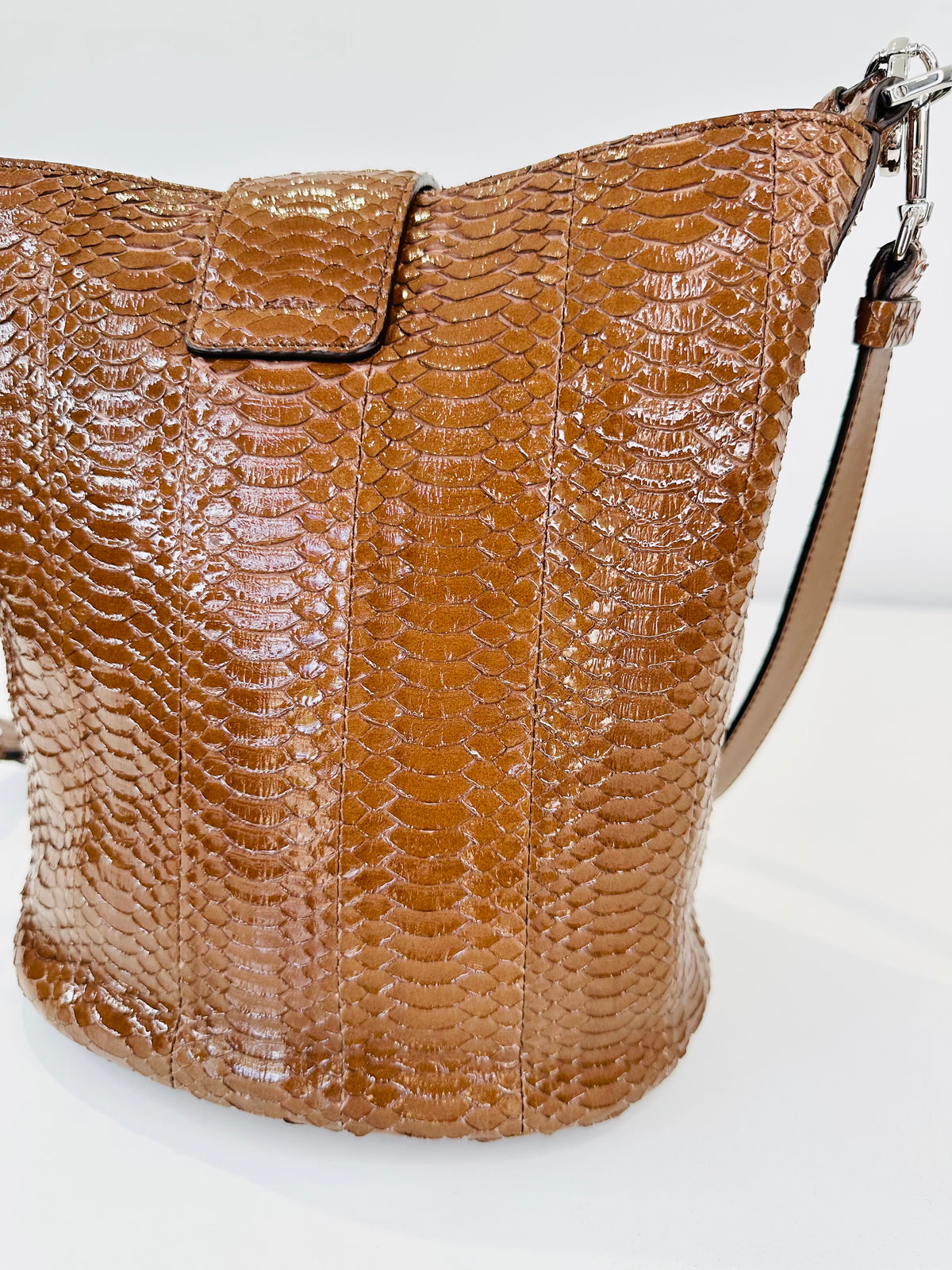 Snakeskin Embossed Leather Double T Bucket Bag