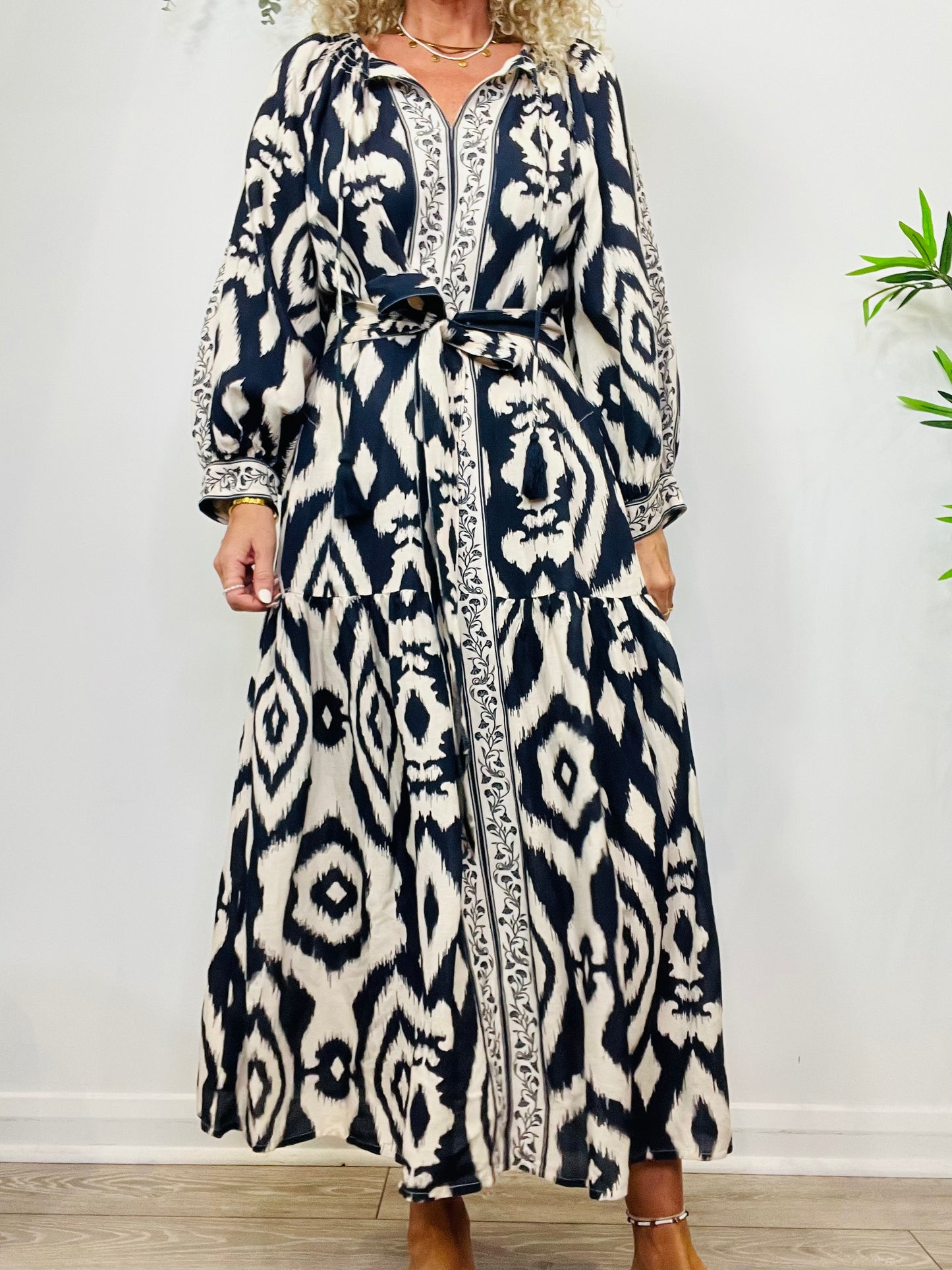 Patterned Linen Dress - Size 14