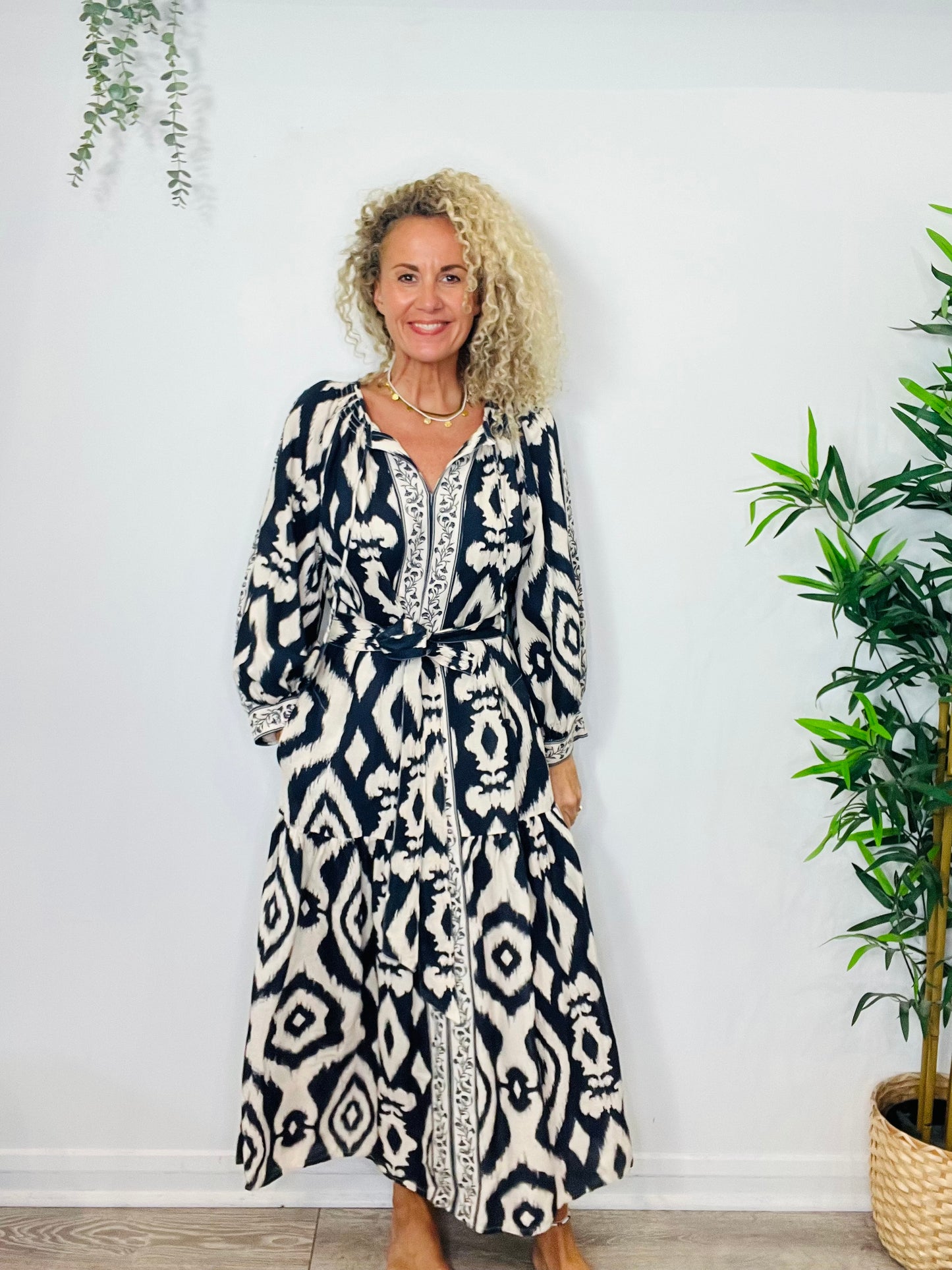 Patterned Linen Dress - Size 14