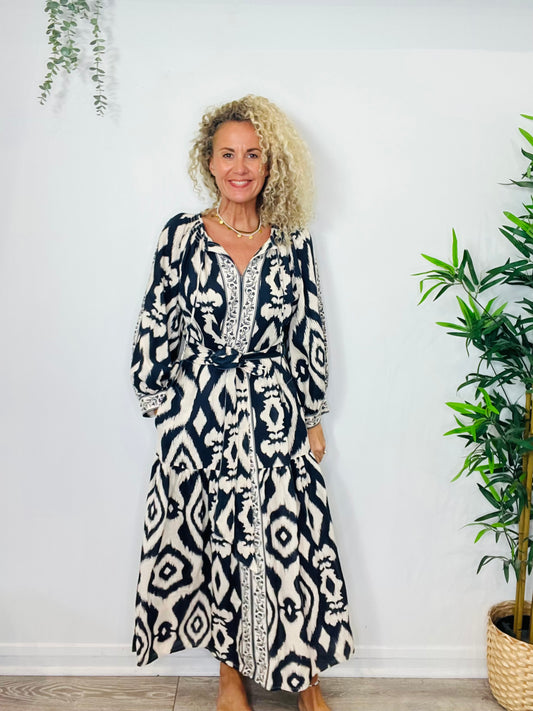 Patterned Linen Dress - Size 14