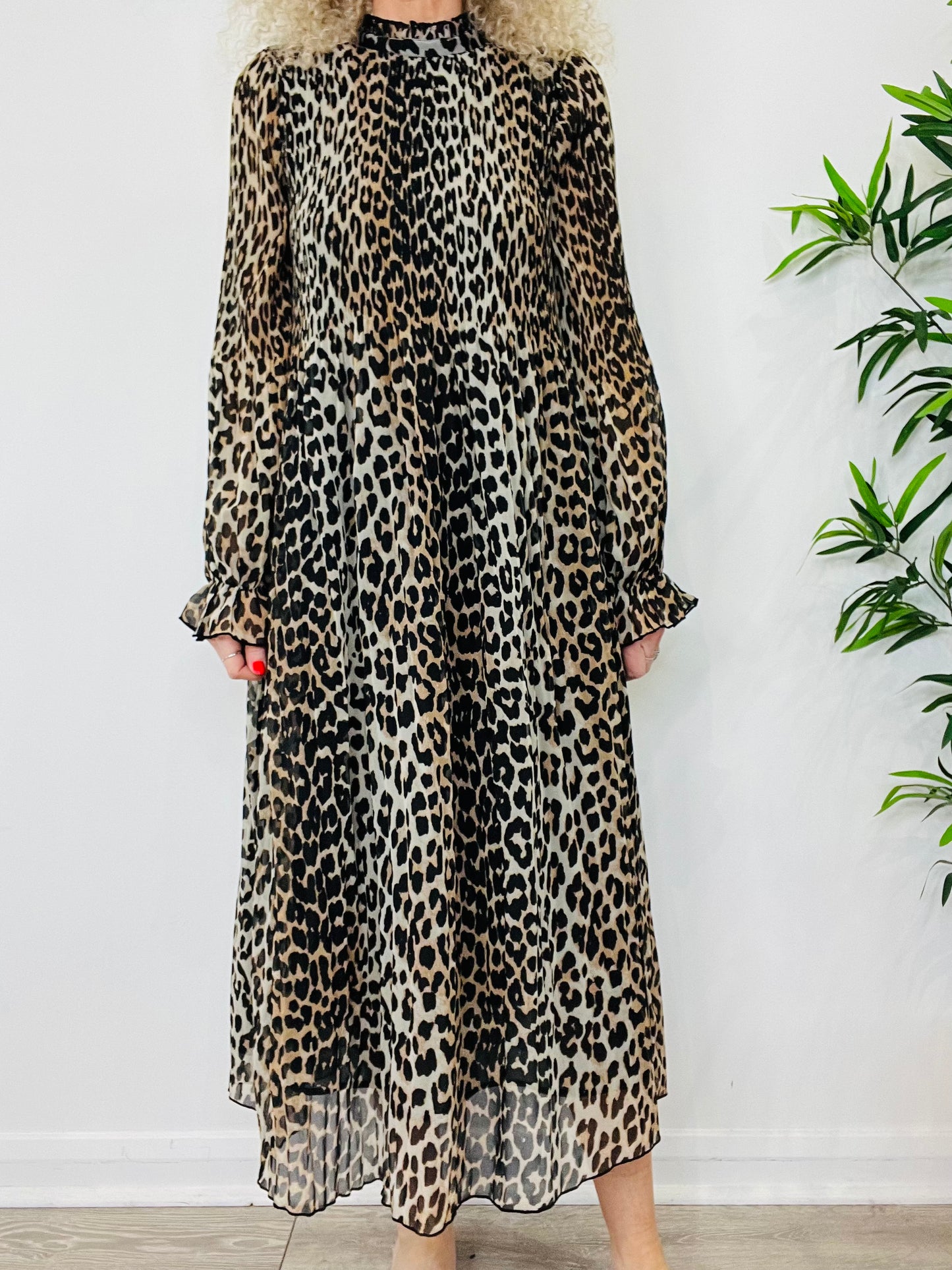 Pleated Leopard Print Dress - Size 36