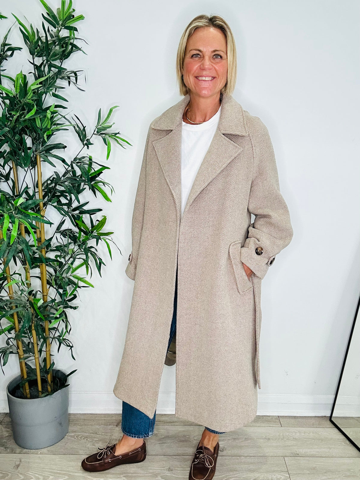 Belted Herringbone Coat - Size XS