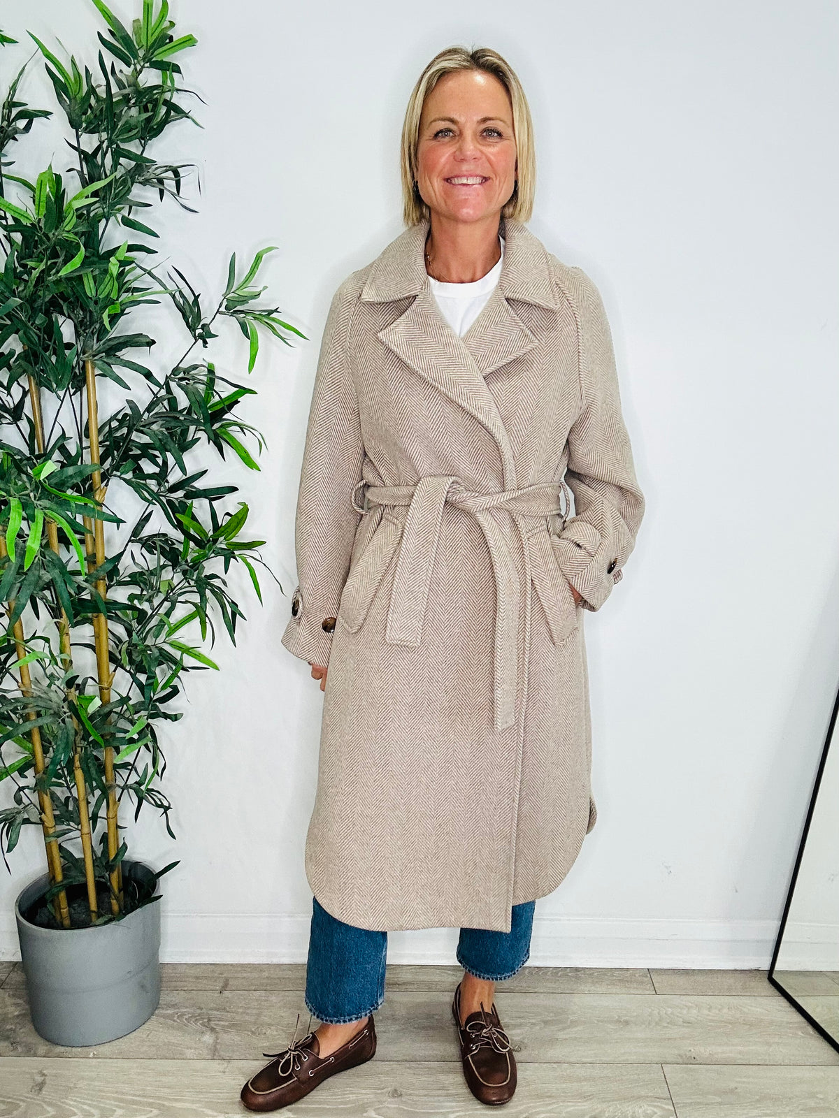 Belted Herringbone Coat - Size XS
