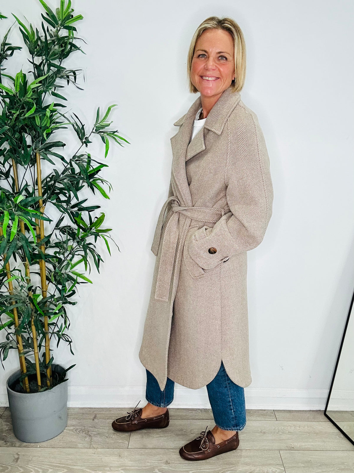 Belted Herringbone Coat - Size XS