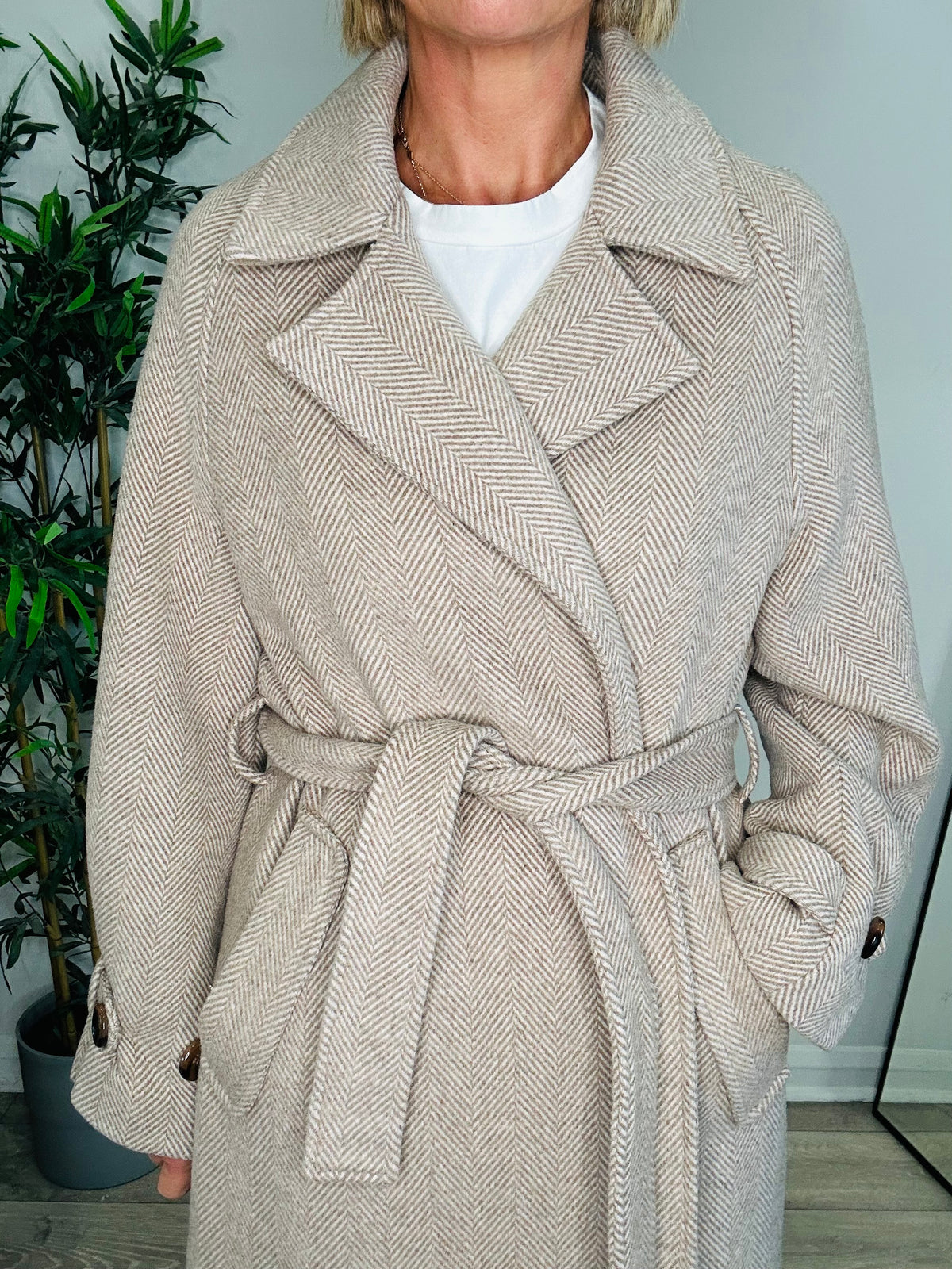 Belted Herringbone Coat - Size XS