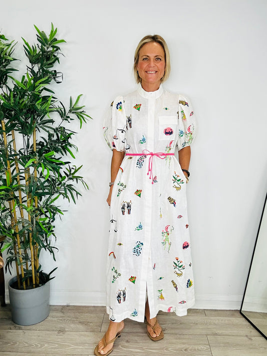 Embroidered Linen Shirt Dress - Size 10
