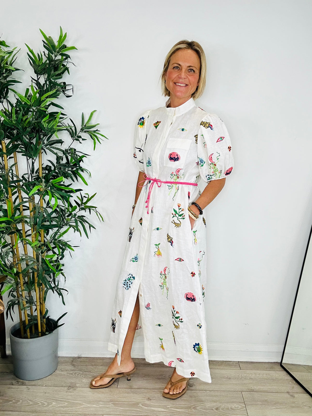 Embroidered Linen Shirt Dress - Size 10