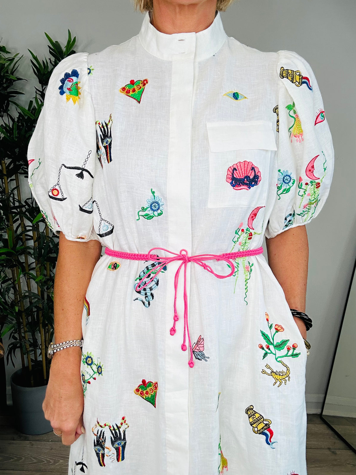 Embroidered Linen Shirt Dress - Size 10
