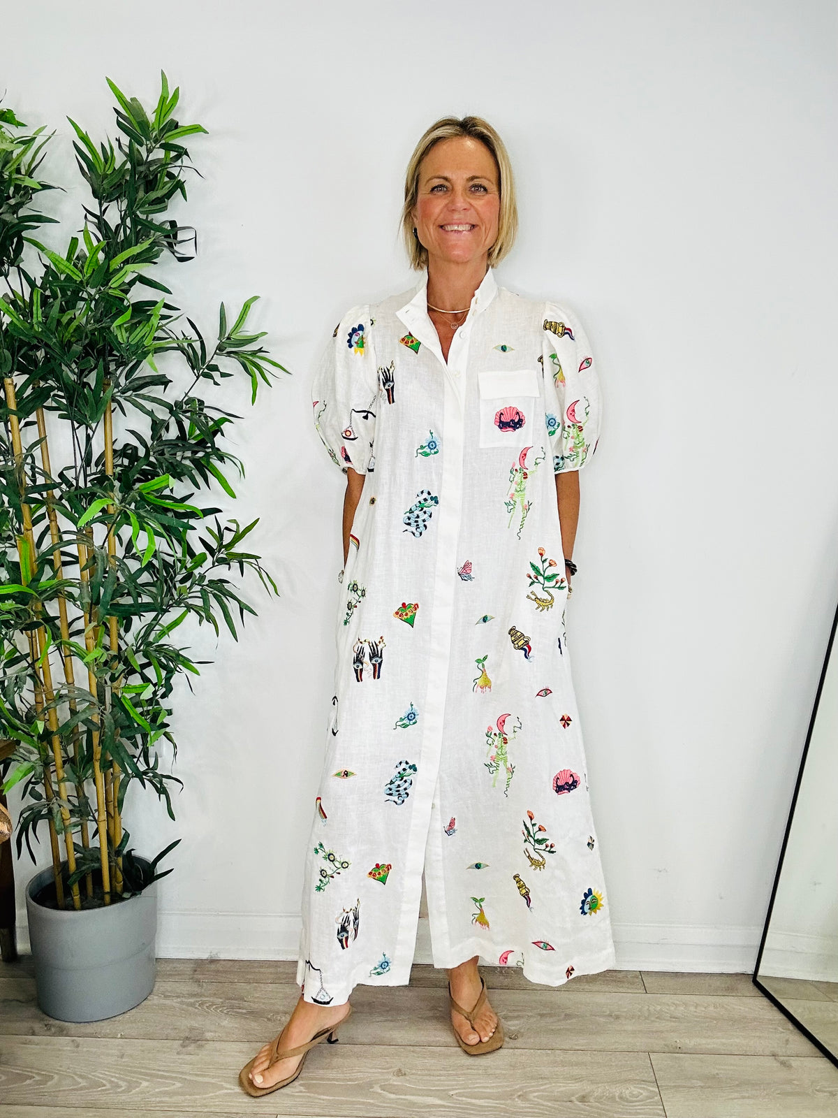 Embroidered Linen Shirt Dress - Size 10