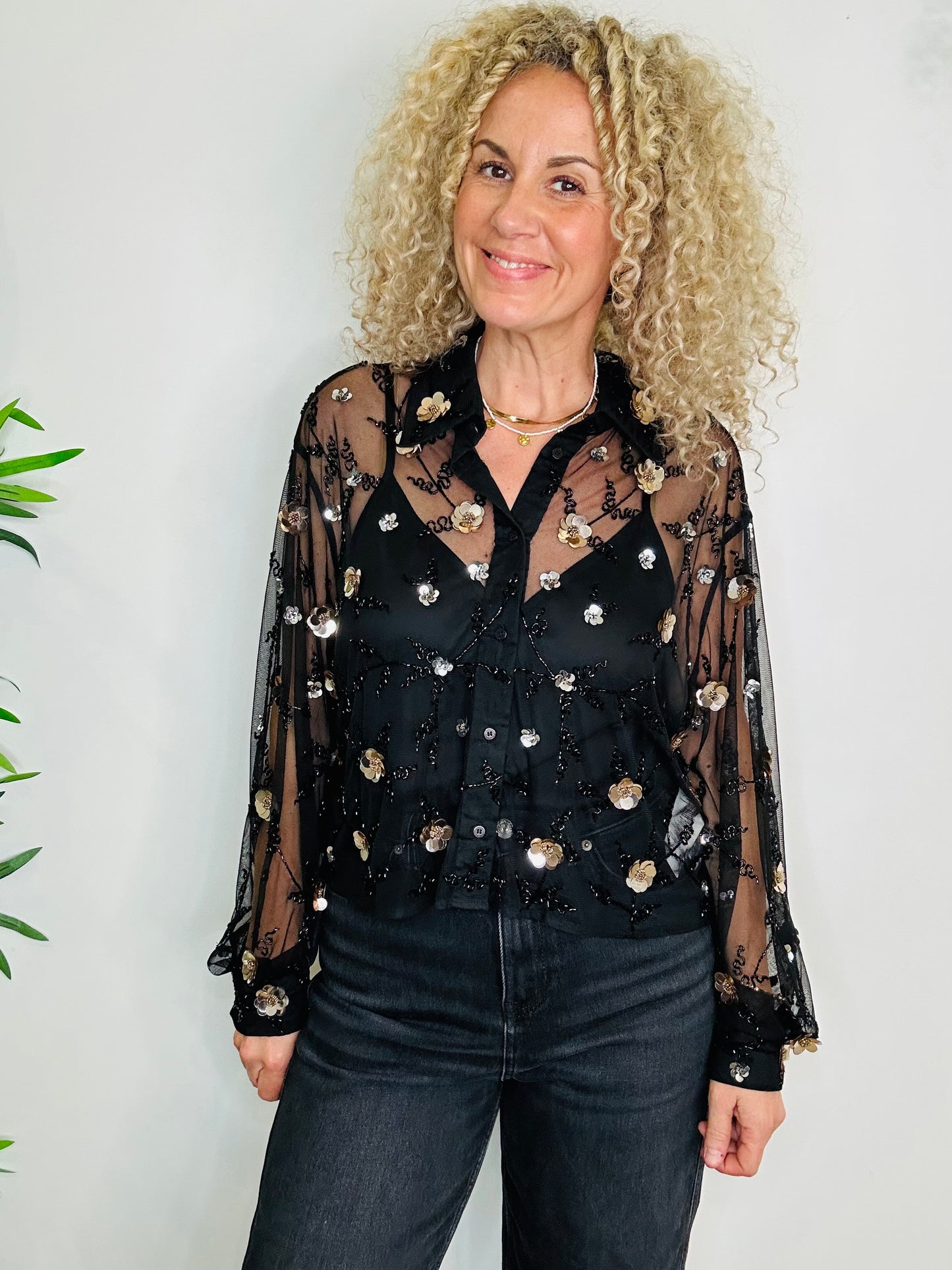 Embellished Sheer Shirt - Size 40