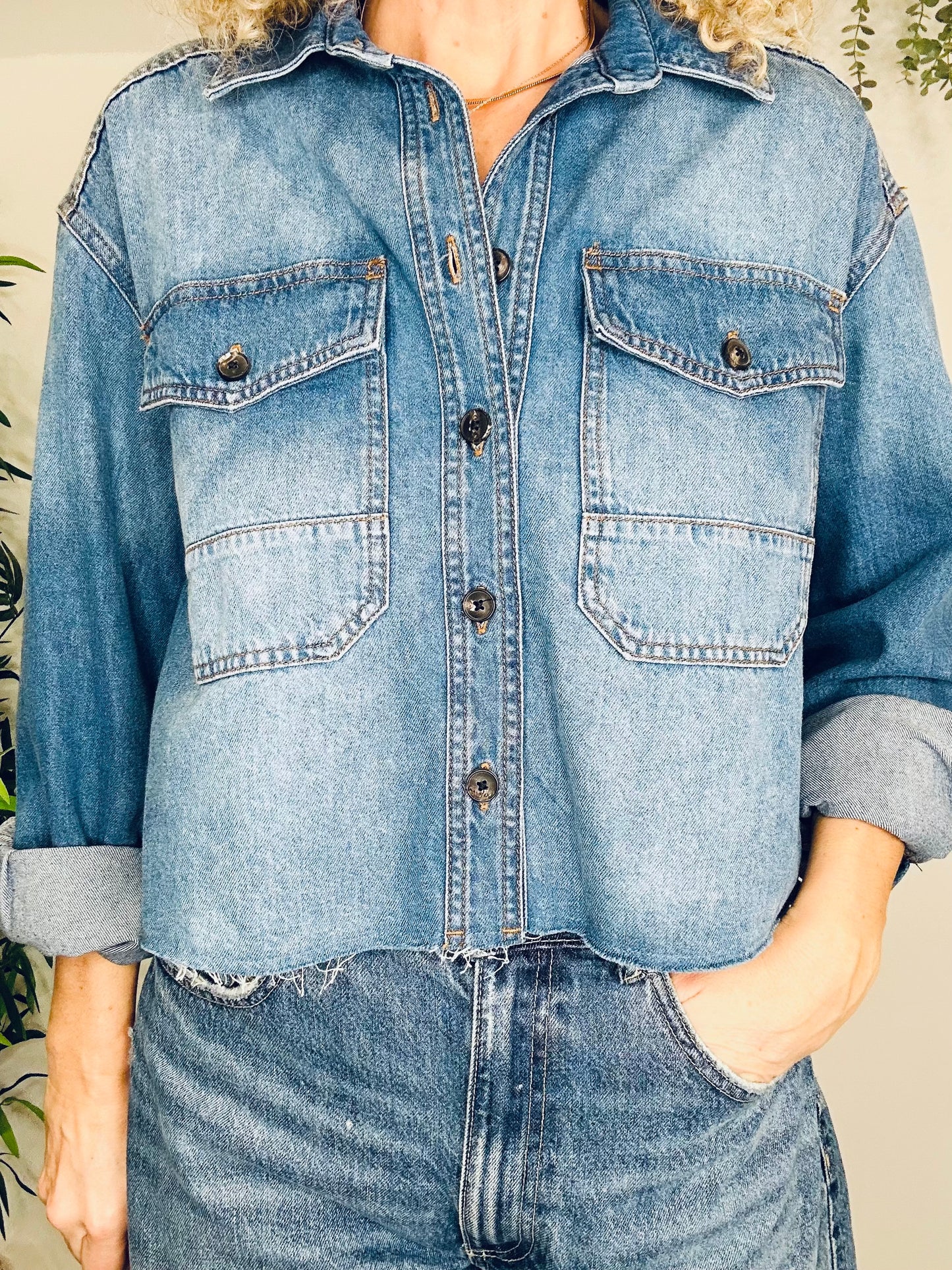Cropped Denim Shirt - Size 10
