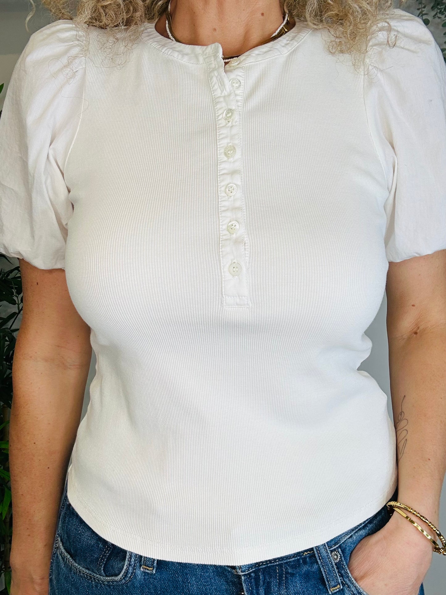 Ribbed Puff Sleeve Top - Size S