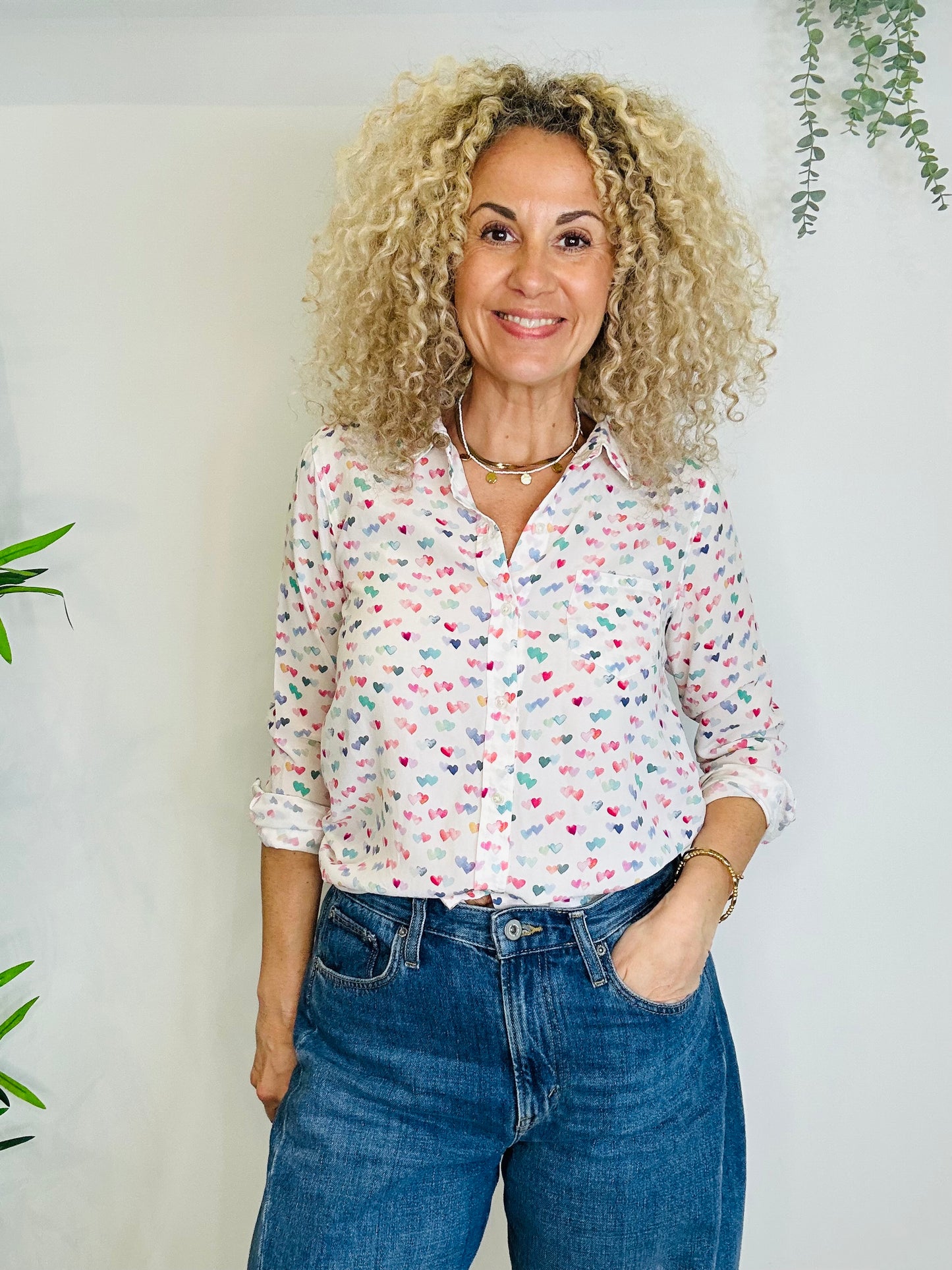 Heart Print Silk Shirt - Size M