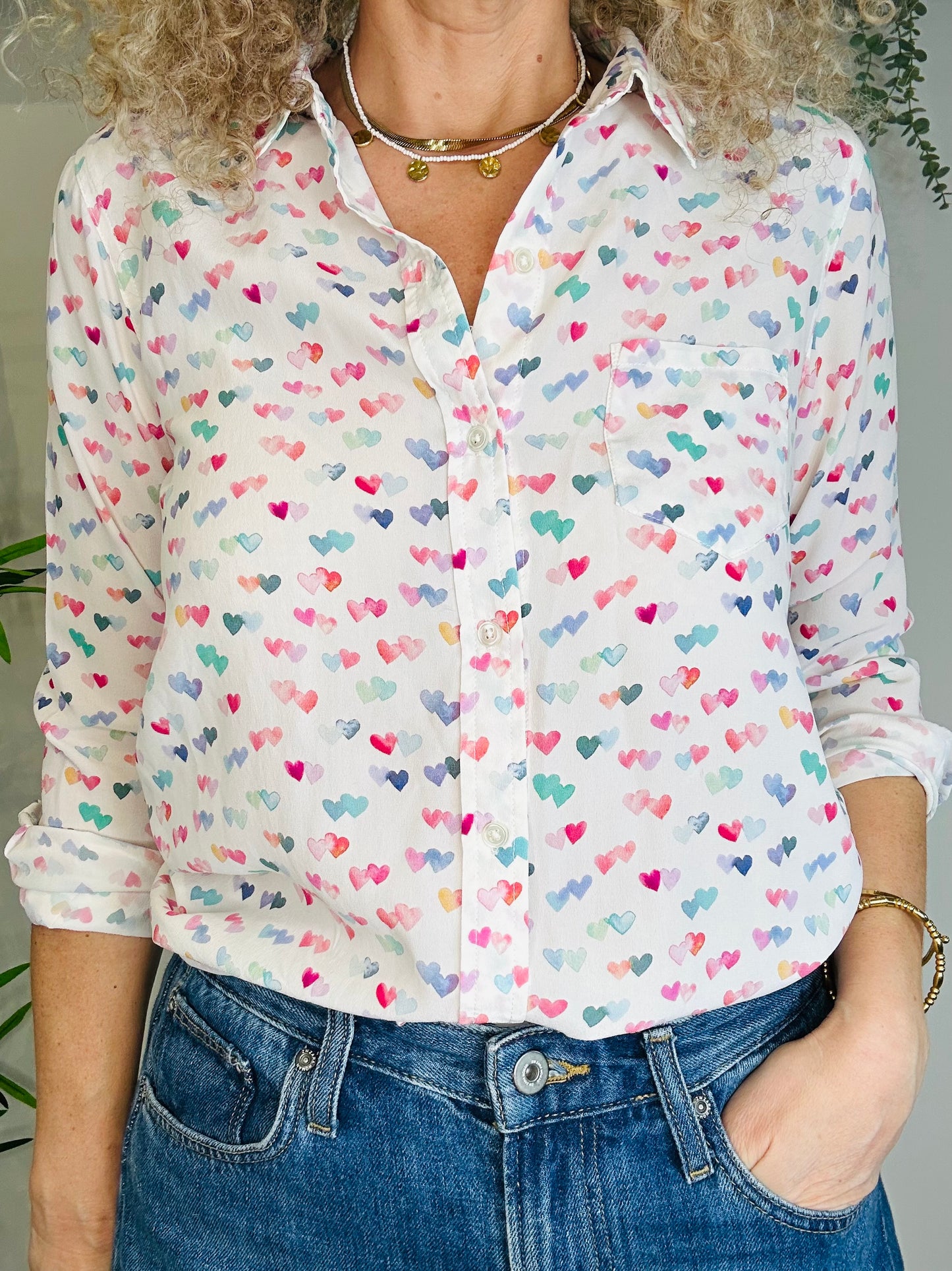 Heart Print Silk Shirt - Size M