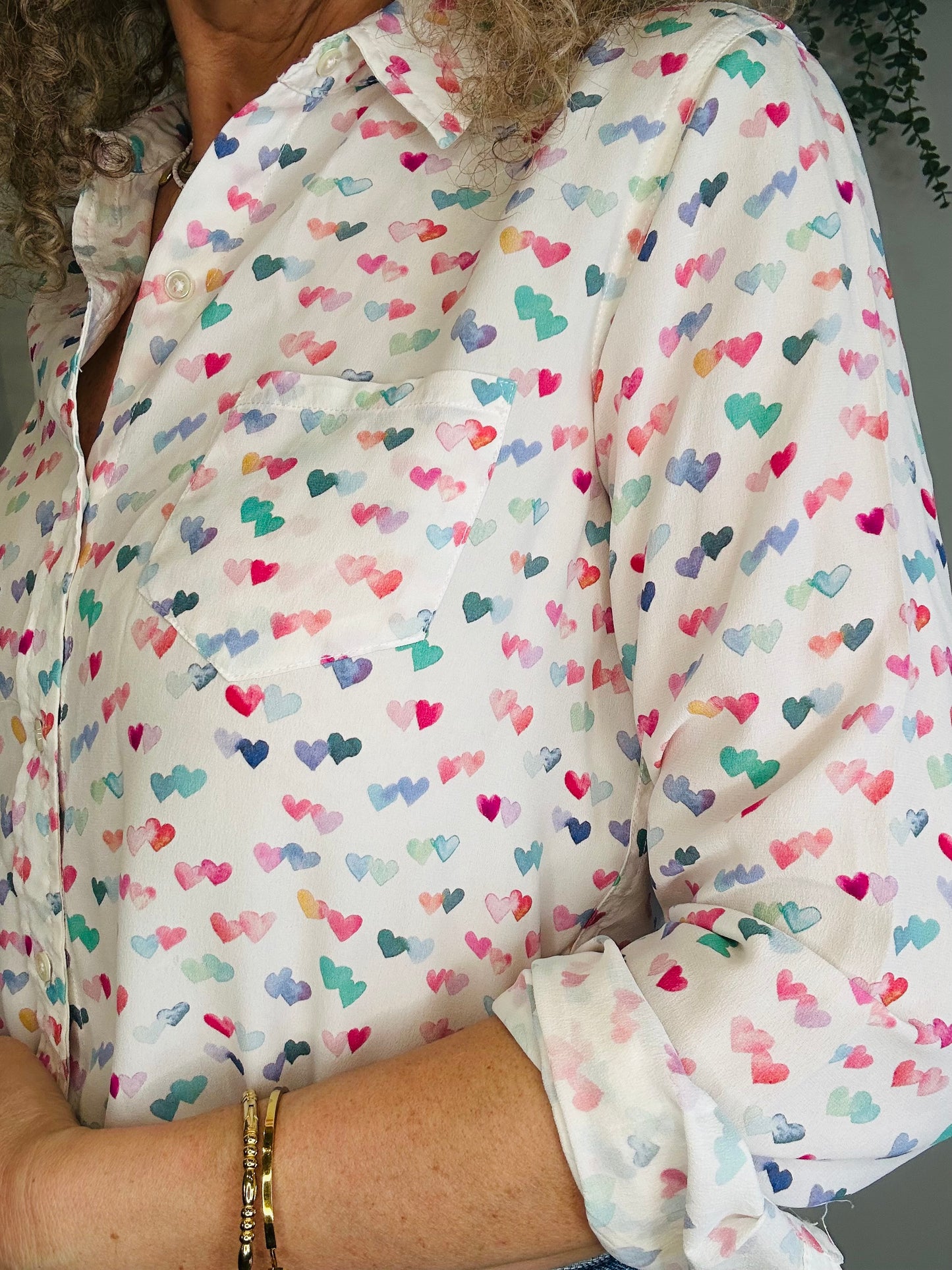 Heart Print Silk Shirt - Size M