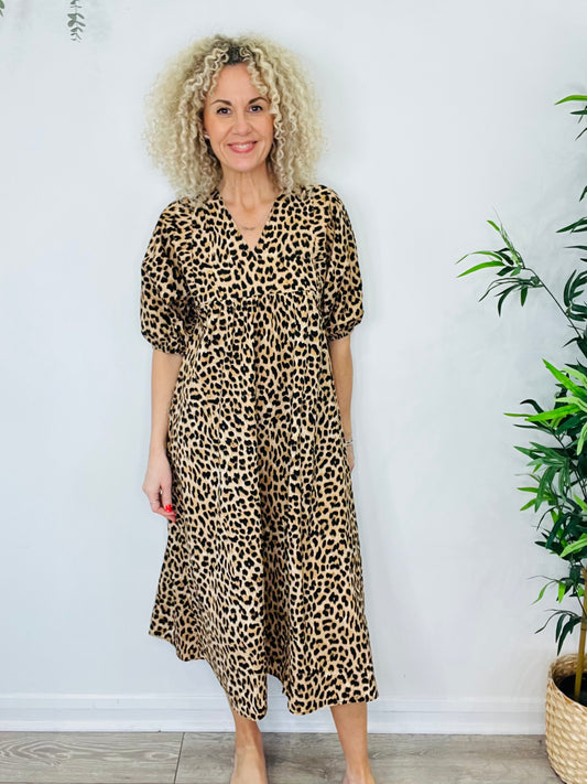 Leopard Print Midi Dress - Size 10