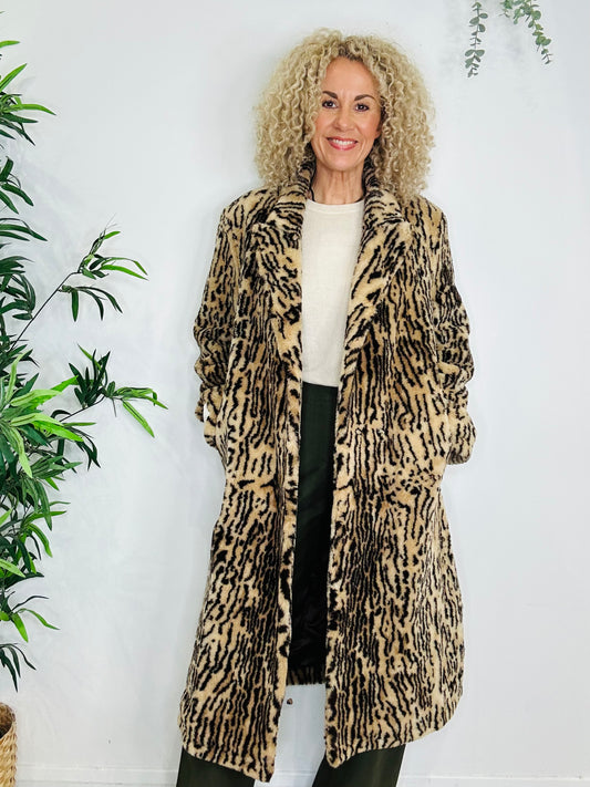 Faux Fur Animal Print Coat - Size 42