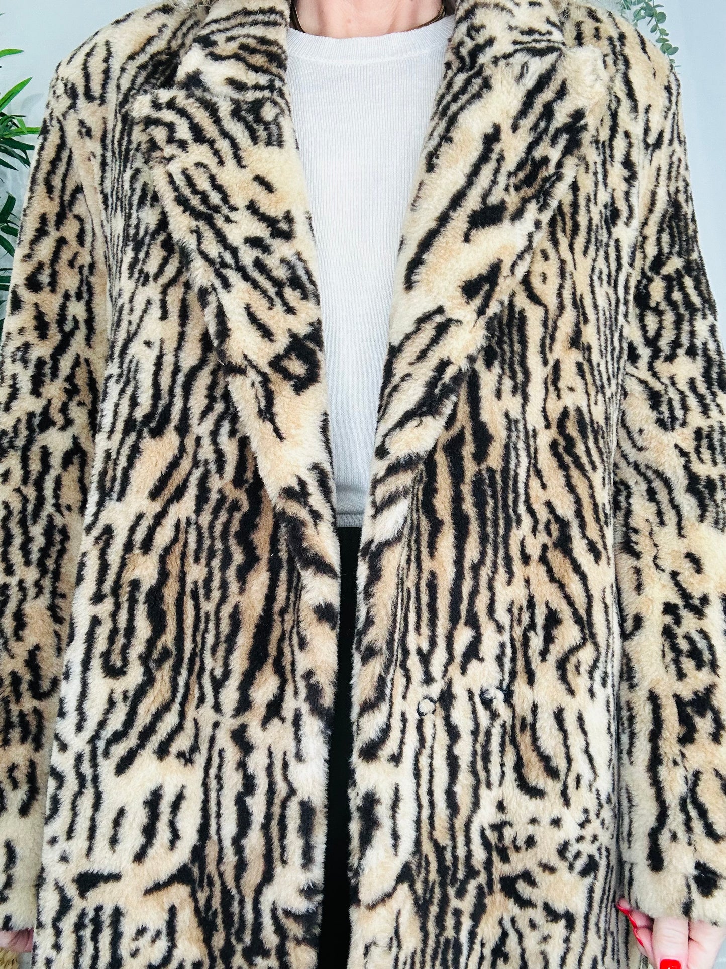 Faux Fur Animal Print Coat - Size 42