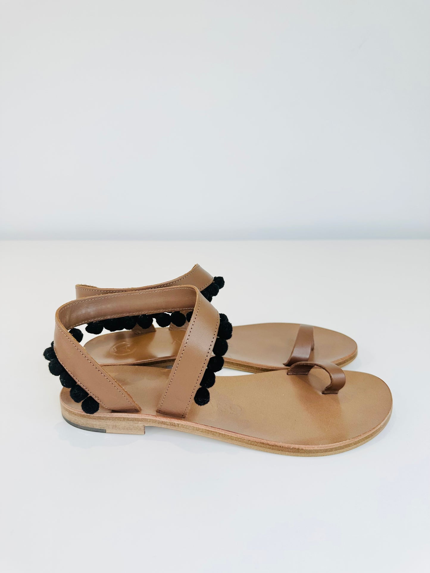 Pompom Leather Sandals - Size 40