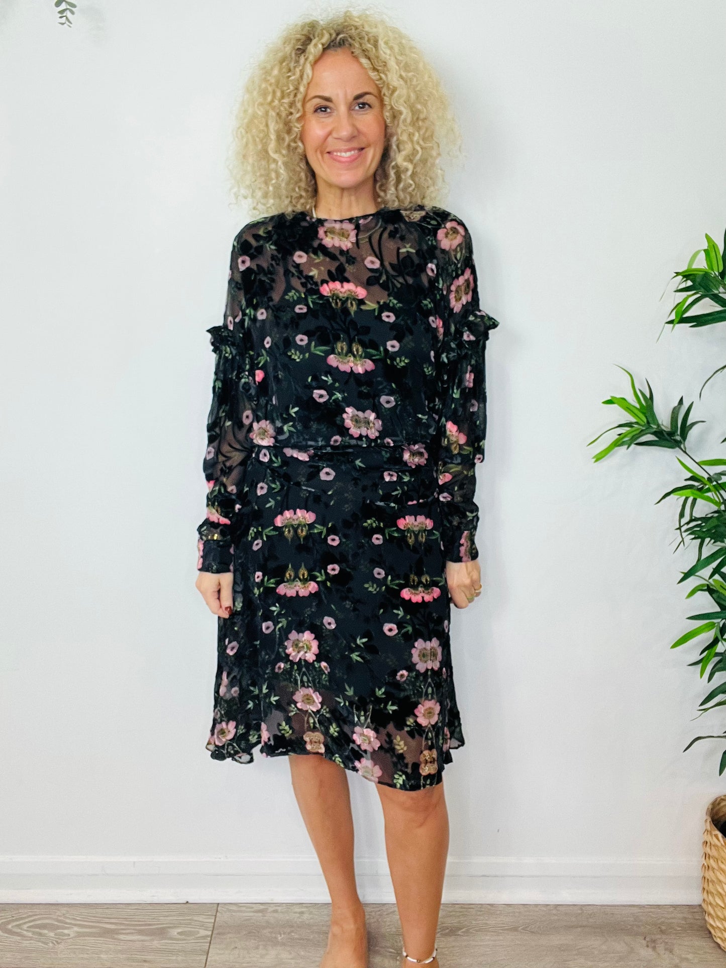 Velvet Floral Midi Dress - Size XS