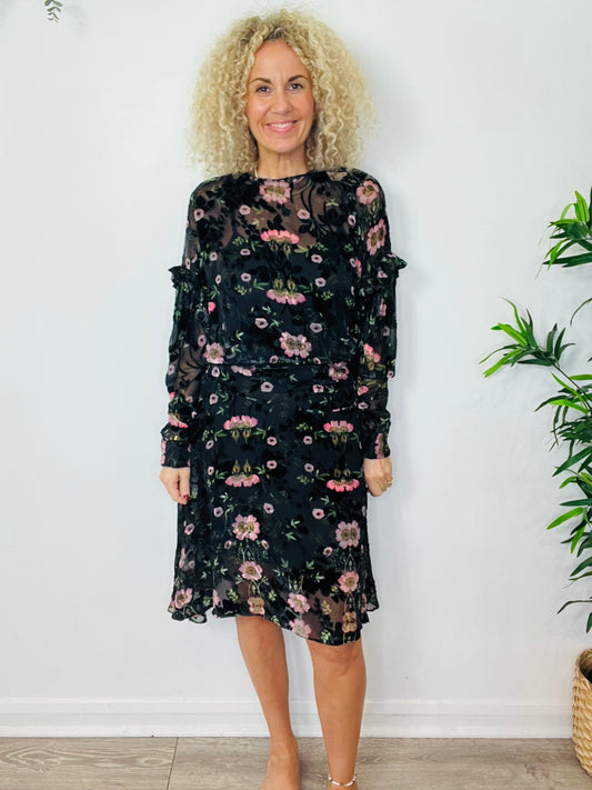 Velvet Floral Midi Dress - Size XS
