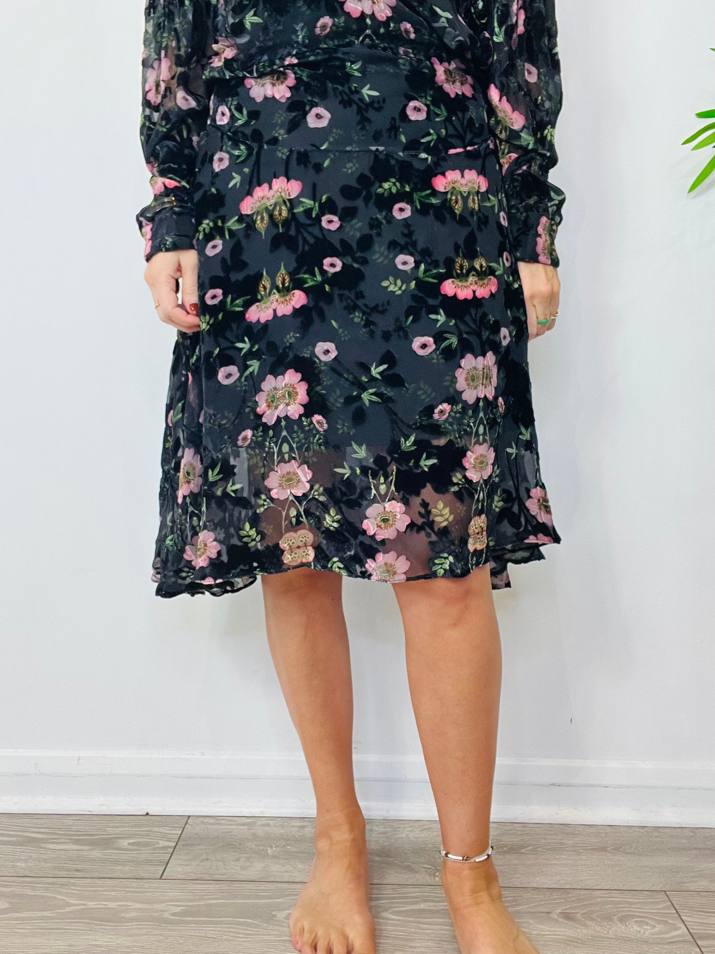 Velvet Floral Midi Dress - Size XS