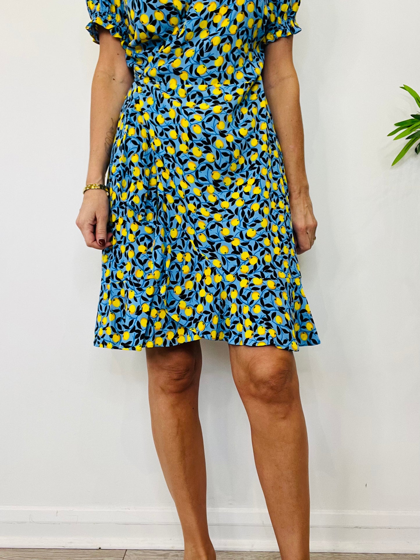 Lemon Print Wrap Dress - Size L