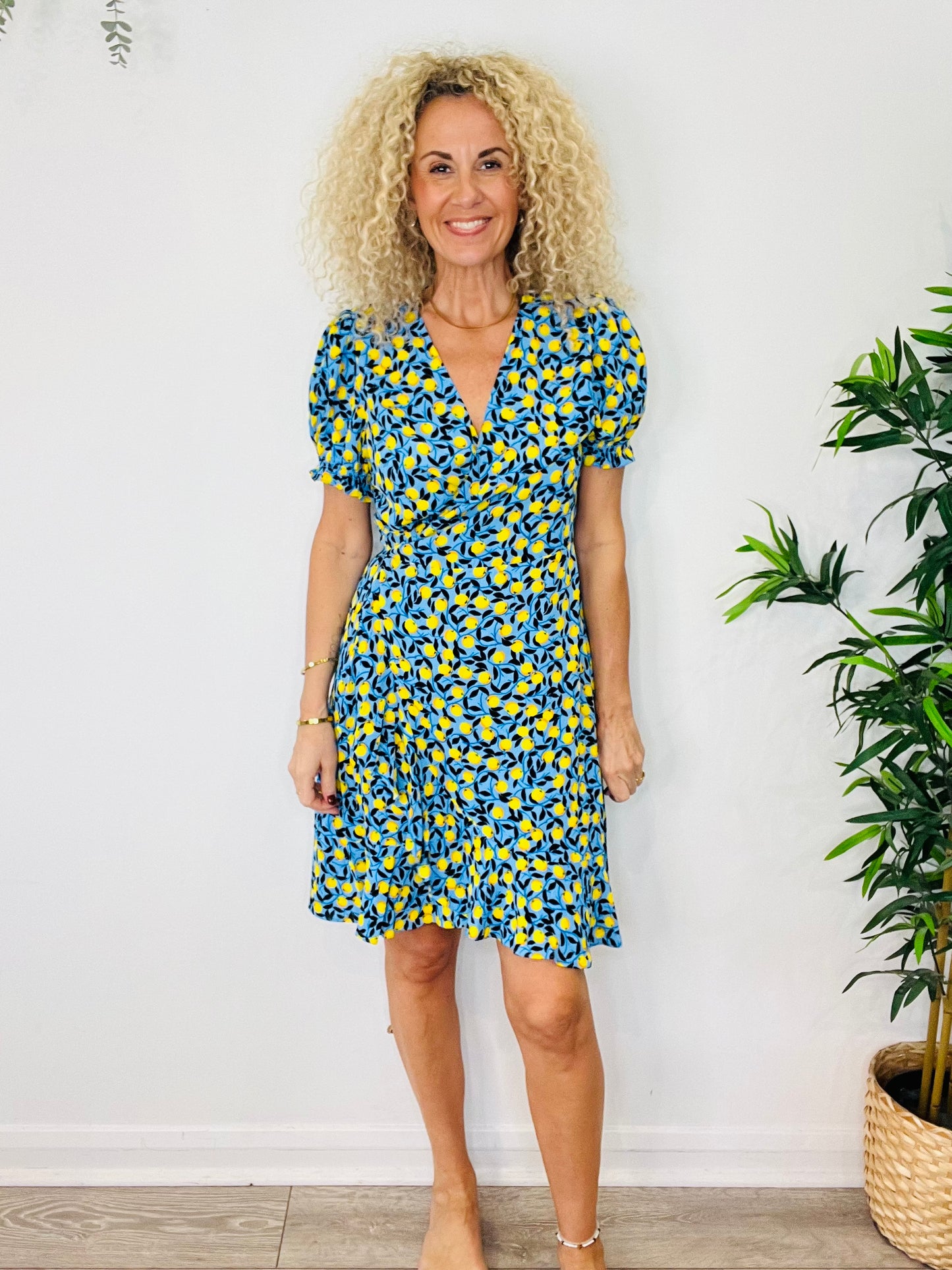 Lemon Print Wrap Dress - Size L