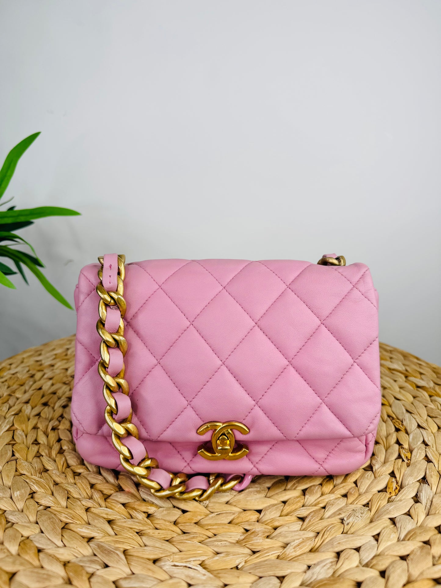 Quilted Leather Lacquered Chain Flap Bag