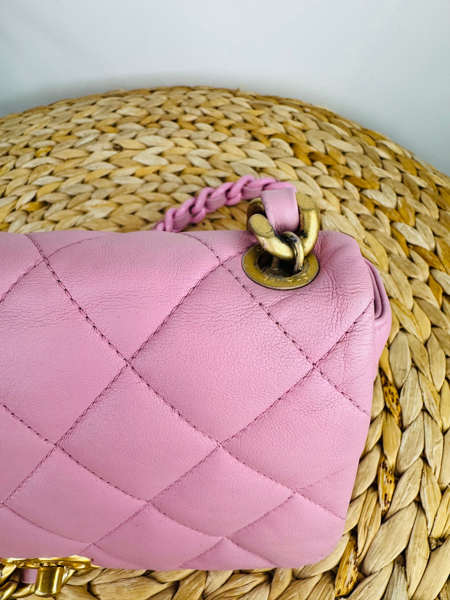 Quilted Leather Lacquered Chain Flap Bag